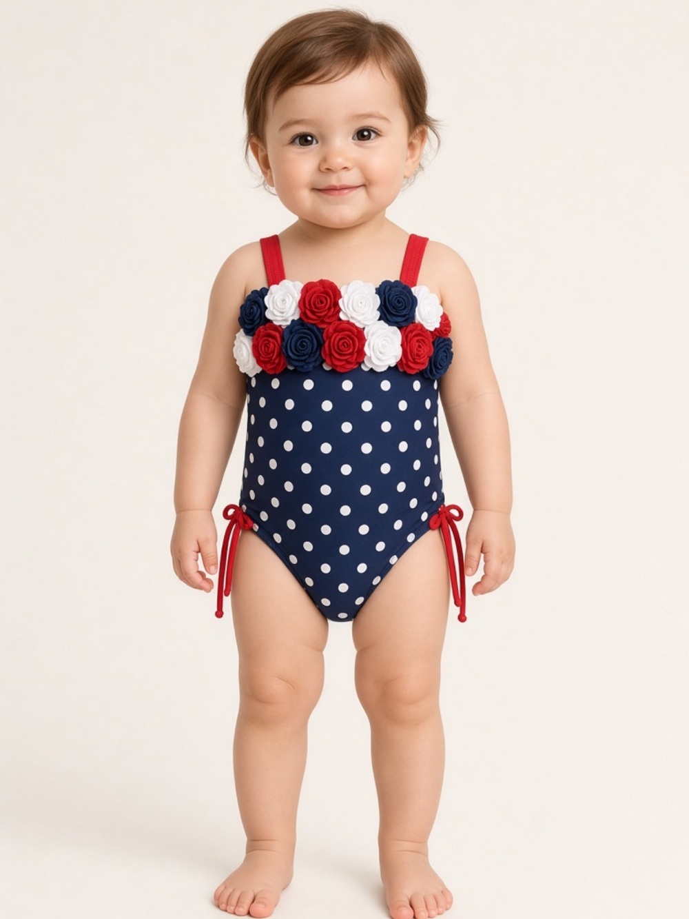 Penelope Mack Navy White Red Polka Dot Floral Ruffle One-Piece Swimsuit